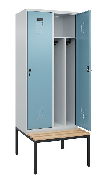 C+P Spind Evolo PLUS, 2 Abteile, 2120x800x815mm, 7035/0010, Haken 4, Drehriegel, Sitzfläche Buche-Hartholz, Sitzbank, Trennwand, 0490507-22F S10009