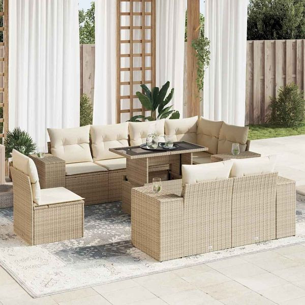 vidaXL 9-tlg. Garten-Sofagarnitur mit Kissen Beige Poly Rattan, 3326819