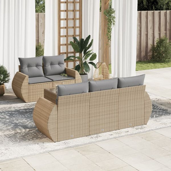 vidaXL 6-teilig Garten-Sofagarnitur mit Kissen Beige Poly Rattan, 3253436