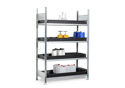 DENIOS Gefahrstoffregal GKW 1360 pro, 4 PE-Wannen, 1360 x 637 x 2000 mm, Grundfeld, 273927