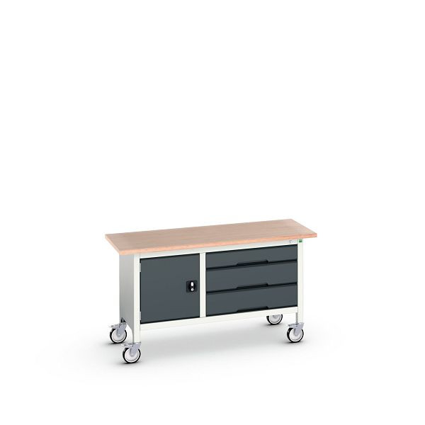bott verso mobile Kastenwerkbank mit Schrank / Schubladenschrank mit 3 Schubladen, BxTxH: 1500x600x830mm, Lichtgrau / Anthrazitgrau, 16923214.19