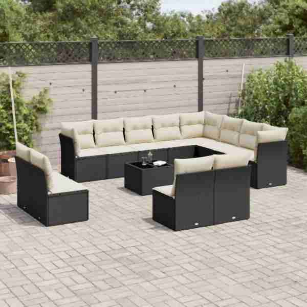 vidaXL 13-tlg. Garten-Sofagarnitur mit Kissen Schwarz Poly Rattan, UV-beständig, 3250315