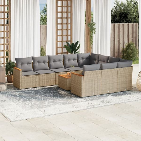vidaXL 11-teilig Garten-Sofagarnitur mit Kissen Beige Poly Rattan, 3258748