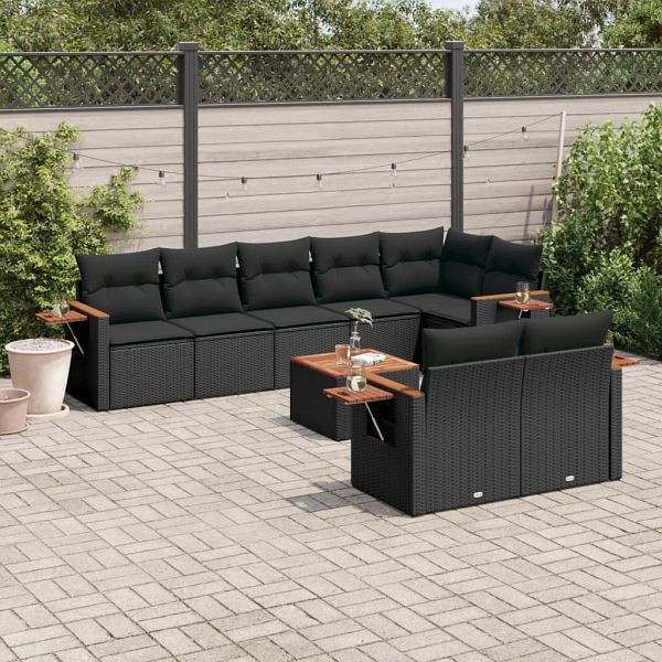 vidaXL 9-teilig Garten-Sofagarnitur mit Kissen Schwarz Poly Rattan, 3226993