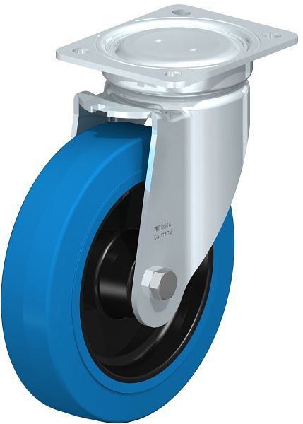Blickle LU-POEV 200XR-SB Stahlblech-Lenkrolle, schwere, geschlossene Ausführung, mit Anschraubplatte, Elastik-Vollgummi, Blau, 851628