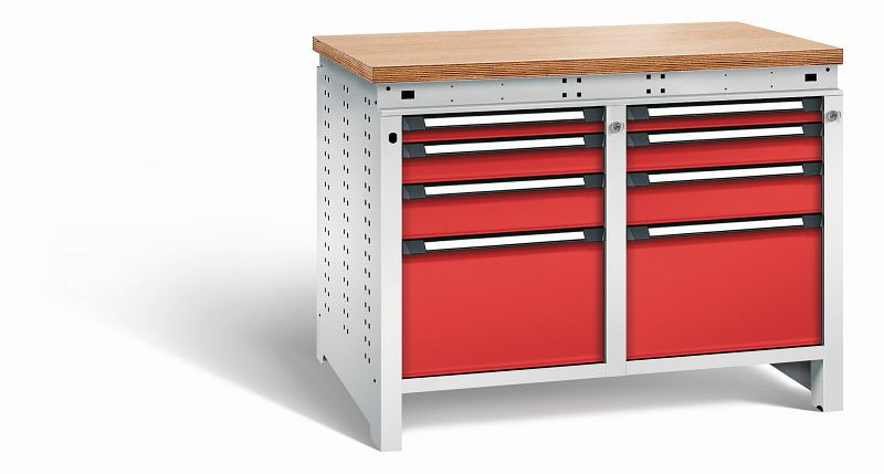 Otto Kind Werkbank Serie function Typ 216, Multiplexplatte 40 mm, bündig, 2x Unterbau + Zentralverschluss, Gehäuse RAL 7035, Front RAL 3000, 072346134