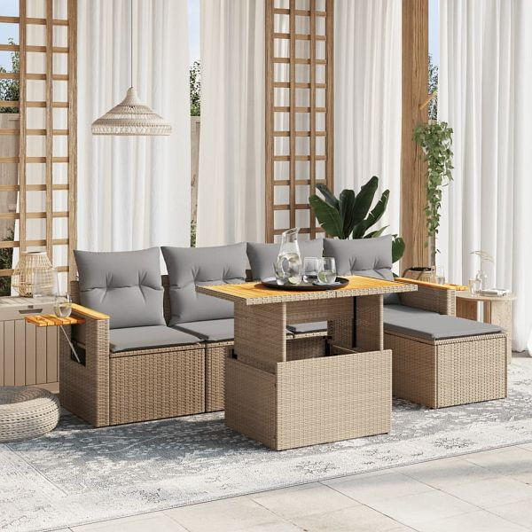 vidaXL 6-teilig Garten-Sofagarnitur mit Kissen Beige Poly Rattan, 3273495