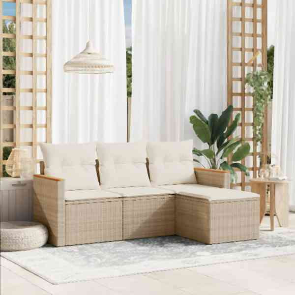 vidaXL 4-tlg. Garten-Sofagarnitur mit Kissen Beige Poly Rattan, UV-beständig, 3258306