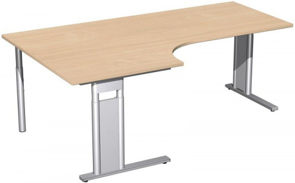 geramöbel PC-Schreibtisch links höhenverstellbar, C Fuß Blende optional, 2000x1200x680-820, Buche/Silber, N-647322-BS