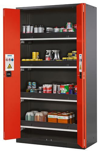 asecos Chemikalienschrank Systema-T CS-104F, Korpus anthrazit, Falttüren rot, inkl. 4 Tablarauszüge, 202712