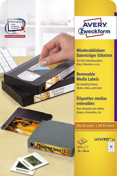 AVERY Zweckform L4747REV-25 Etiketten für ZIP-Disketten, wiederablösbar, 59 x 50 mm, 25 Blatt/375 Etiketten, weiß, L4747REV-25