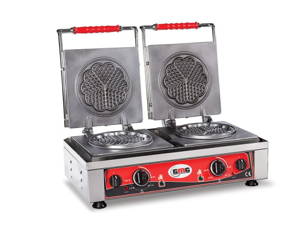 GMG Waffeleisen Amore-S, 2x Ø 16cm, 50° bis 300°C, feste Backplatte aus Gusseisen, umlaufende Fettfangrinne, Gehäuse Edelstahl, KGW-21S