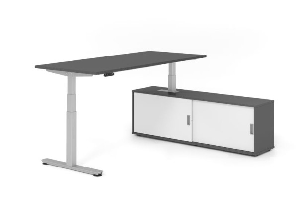 Hammerbacher Schreibtisch XDSM19, 180x80cm, Platte: Graphit, T-Fuß Gestell Silber, Höhe: 63 - 127 cm, Graphit / Weiß, VXDSM19SB/G/S/G/W