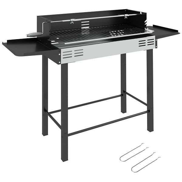 Outsunny Holzkohlegrill Grill BBQ-Grill, verstellbares Rost, 1 Drehspieß, 118 x 32 x 90 cm, Schwarz + Silber, 846-075V00BK