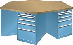 LISTA 6-Eck Werkbank 27x36E (BxTxH) 2500x2165x840mm KEY Lock, Lichtblau, Schubladen 6x5, 89.201.010
