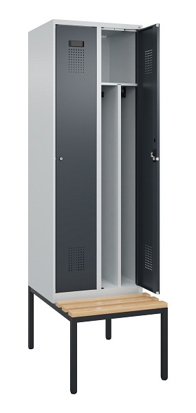 C+P Spind Evolo PLUS, 2 Abteile, 2120x600x815mm, 7035/7016, Zylinderschloss, Sitzfläche Buche-Hartholz, Sitzbank, 0490507-20F S10039