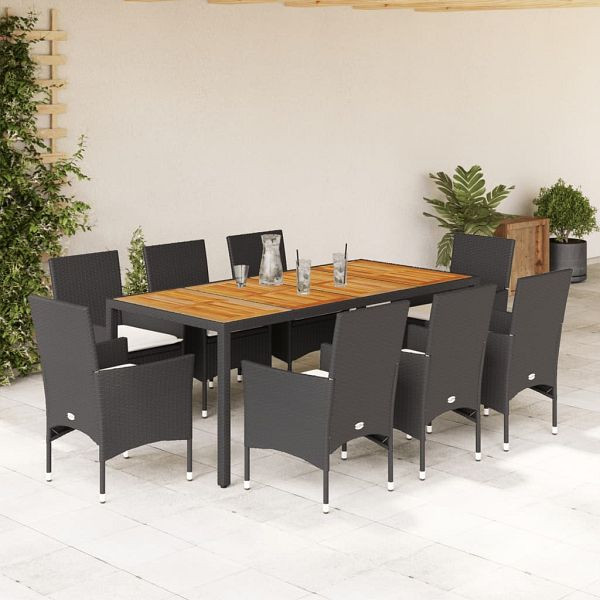 vidaXL 9-teilig Garten-Essgruppe mit Kissen Schwarz Poly Rattan Akazie, 3278668