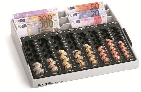 INKiESS REKORD Kasse 86 PL-Griff mit 8 Einzelmünzbehältern von 2 EURO bis 1 EURO-Cent und 6 Banknoten-Steilfächern, 30086011307999