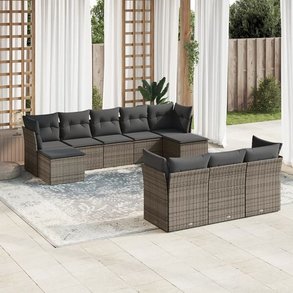 vidaXL 10-teilig Garten-Sofagarnitur mit Kissen Grau Poly Rattan, 3218330