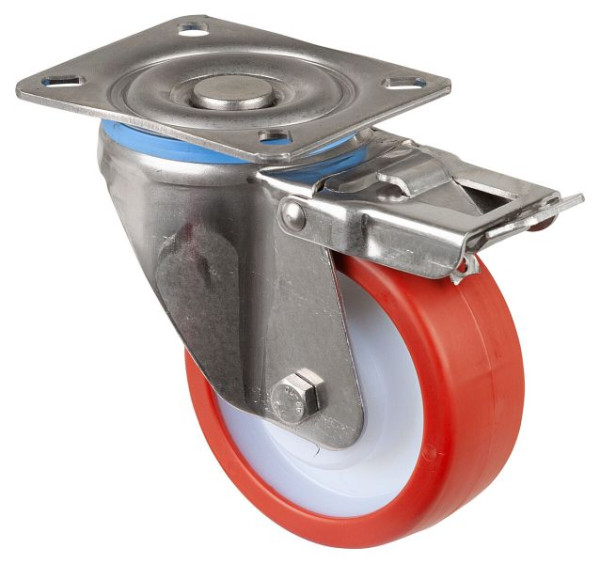 BS Rollen Edelstahl Schwerlastrolle mit Feststeller, B40 mm, Ø100 mm, bis 300 kg, Fläche Polyurethan rot, Rollenlager, HS120.B28.100