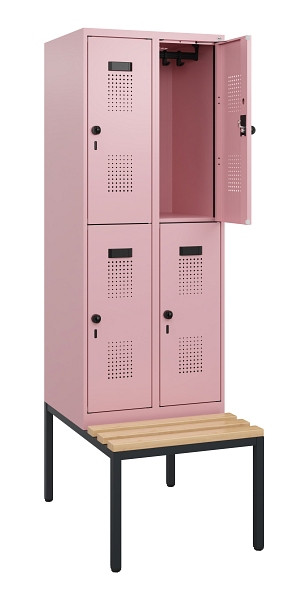 C+P Doppelstöckiger Spind Evolo PLUS, Bank, 4 Fächer, 1950x600x815mm, 3015/3015, Drehriegel, Sitzfläche Buche-Hartholz, Sitzbank, 0493505-20 S10032