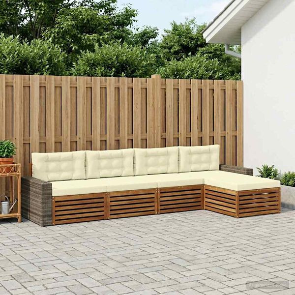vidaXL Outdoor-Sofagarnitur mit Kissen 5-teilig Natur und Creme Polyester, 3383248