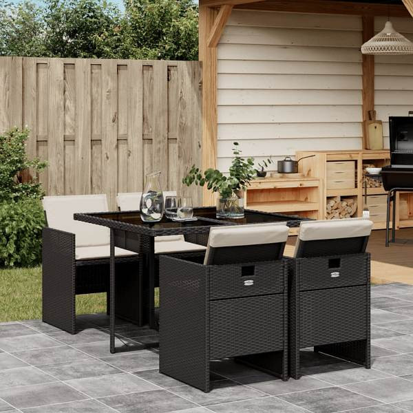vidaXL 5-tlg. Garten-Essgruppe mit Kissen Schwarz Poly Rattan, UV-beständig, 3277661