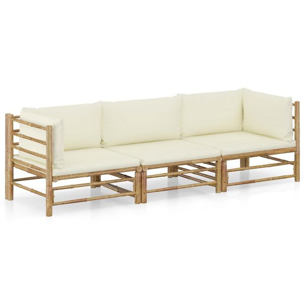 vidaXL 3-teilig Garten-Lounge-Set mit Cremeweißen Kissen Bambus, 3058203