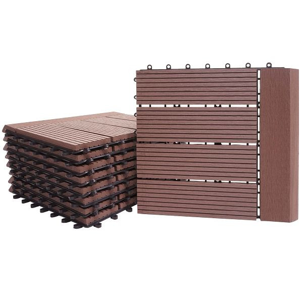 Mendler WPC Bodenfliese Rhone + Abschluss, Holzoptik Balkon/Terrasse, 11x je 30x30cm = 1qm Premium, coffee linear waagrecht, 77622