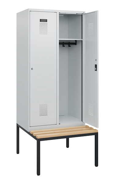C+P Spind Evolo PLUS, 2 Abteile, 1950x800x815mm, 7035/7035, Zylinderschloss, Sitzfläche Buche-Hartholz, Sitzbank, 0490505-22 S10040