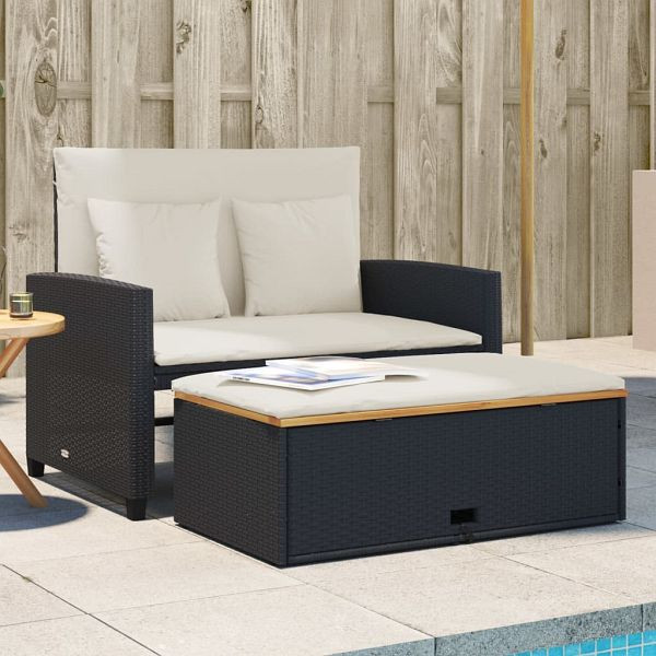 vidaXL Gartensofa mit Kissen 2-Sitzer Schwarz Poly Rattan&Akazienholz, 365141