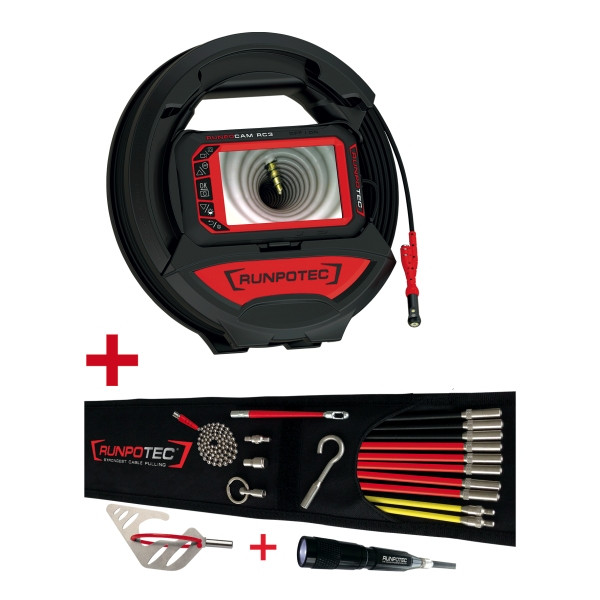 Runpotec RC3 Inspektionskamera, 15 m, dimmbare LEDs (Front 8 x LED, Seite 1 x LED ), + RUNPOSTICKS Comfort Paket, 19-teilig, 11149