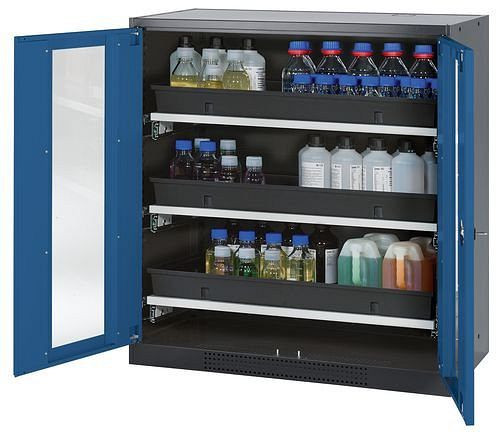 asecos Chemikalienschrank Systema-T CS-103G, Korpus anthrazit, Flügeltüren blau, 3 Tablarauszüge, 208827