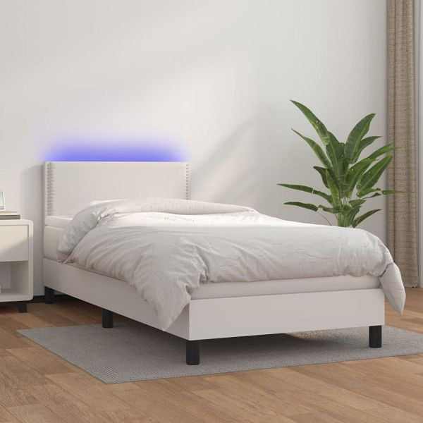 vidaXL Boxspringbett mit Matratze & LED Weiß 90x200 cm Kunstleder, 3134142