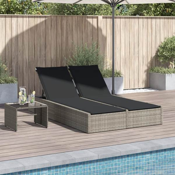 vidaXL Doppel-Sonnenliege mit Kissen Hellgrau Poly Rattan, UV-beständig, 368633