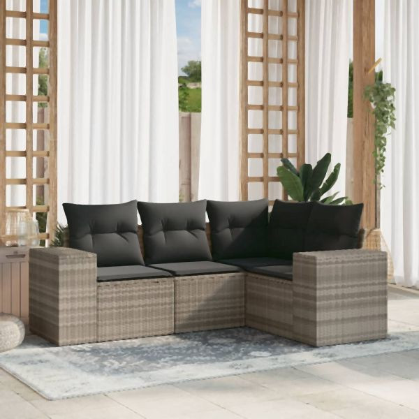 vidaXL 4-tlg. Garten-Sofagarnitur mit Kissen Hellgrau Poly Rattan, 3222511