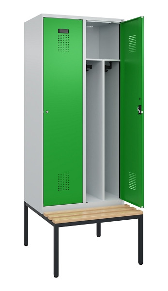 C+P Spind Evolo PLUS, 2 Abteile, 2120x800x815mm, 7035/6037, Haken 4, Zylinderschloss, Sitzfläche Buche-Hartholz, Sitzbank, Trennwand, 0490507-22F S10038