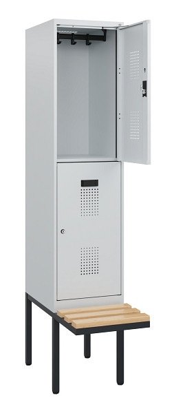 C+P Doppelstock-Spind Evolo PLUS, Bank, 2 Fächer, 1950x400x815mm, 7035/7035, Zylinderschloss, Sitzfläche Buche-Hartholz, 0493405-12 S10038