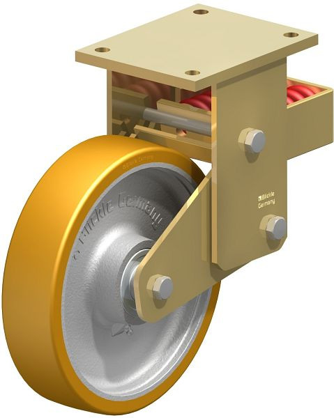Blickle BSFN-GTH 250K Stahlgeschweißte Schwerlast-Bockrolle mit Stahlfeder, Blickle Extrathane®, Hellbraun, 285635