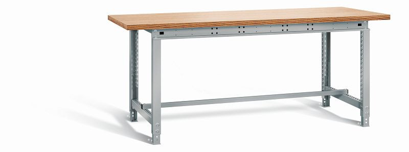 Otto Kind Werktisch allrounder, höhenverstellbar von 715-955 mm, Multiplexplatte 25 mm, überstehend, 2 Fußgestelle, komplett RAL 9006, 072315096