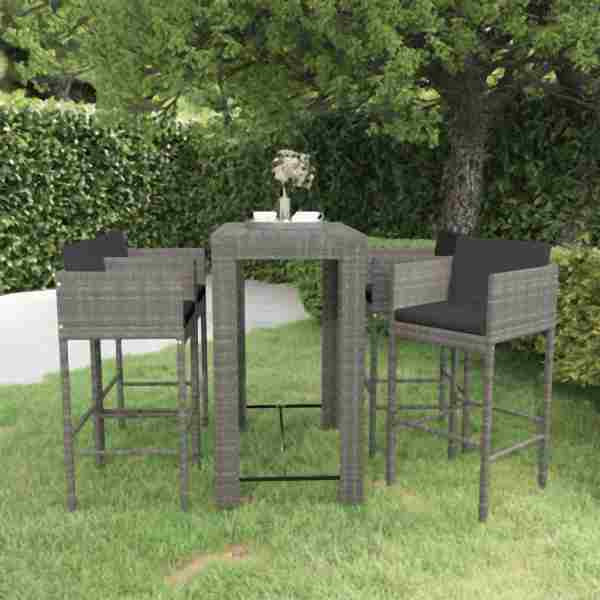 vidaXL 5-tlg. Gartenbar-Set mit Kissen Poly Rattan Grau, 3094785