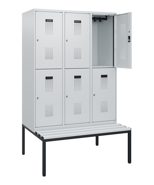 C+P Doppelstöckiger Spind Evolo PLUS, Bank, 6 Fächer, 1950x1200x815mm, 7035/7035, Zylinderschloss, Sitzfläche Kunststoff, Sitzbank, 0493505-32 S10148