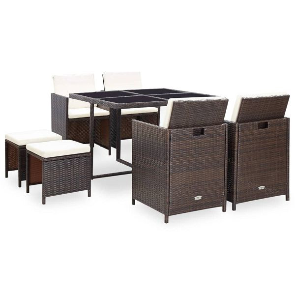 vidaXL 9-teilig Garten-Essgruppe mit Auflagen Poly Rattan Braun, 42526