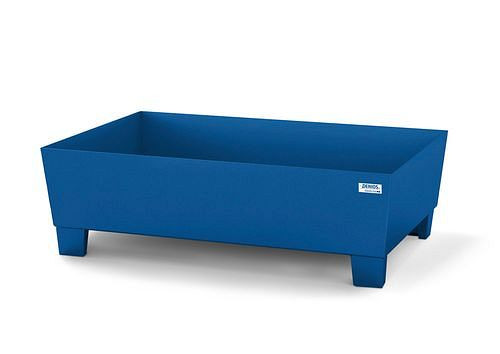 DENIOS Auffangwanne classic-line für 1 Fass, Stahl blau lackiert, Füße, ohne Gitterrost, B 1236 mm, 259306