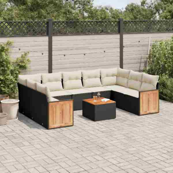 vidaXL 10-tlg. Garten-Sofagarnitur mit Kissen Schwarz Poly Rattan, UV-beständig, 3260362