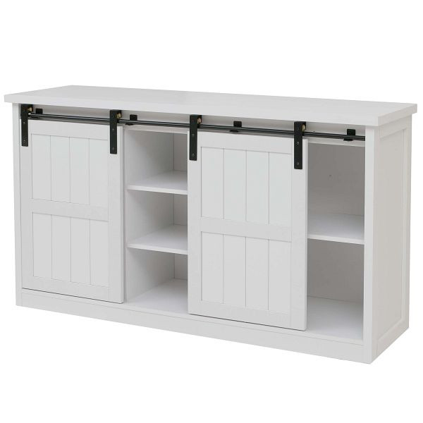 Mendler Sideboard HWC-K75, Highboard Regal Schrank Schiebetüre 7 Fächer Holz-Optik Industrial Metall 84x150x40cm, weiß, 118315+118316
