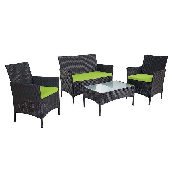 Mendler 2-1-1 Poly-Rattan Garten-Garnitur Halden, Sitzgruppe Lounge-Set Sofa, anthrazit, Kissen grün, 52032+52036+52039