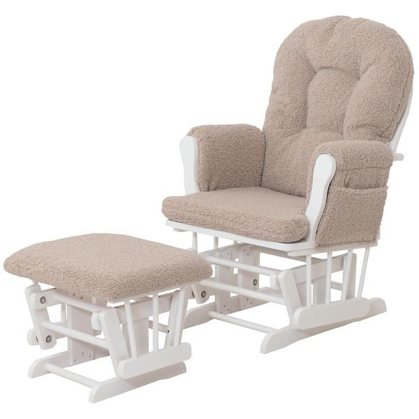 Mendler Relaxsessel HWC-C76, Schaukelstuhl Sessel Schwingstuhl + Hocker Stoff Bouclé 480g/m² Öko-Tex, braun Gestell weiß, 109040