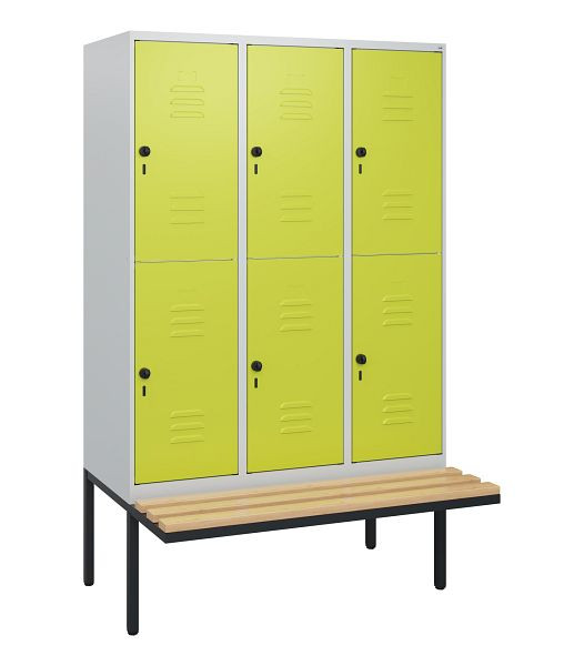 C+P Doppelstöckiger Spind Classic PLUS, 3 Abteile, 1950x1200x815mm, 7035/0024, Drehriegel, Sitzleisten aus Buche, schwebende Sitzfläche, 0803405-32 S10010