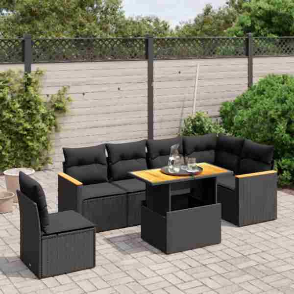 vidaXL 7-tlg. Garten-Sofagarnitur mit Kissen Schwarz Poly Rattan, UV-beständig, 3273099